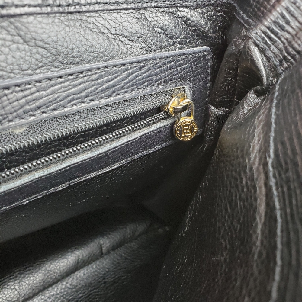 Authentic Vintage Fendi Black Leather Shoulder Bag Suede Flap Gold Medallion - Picture 11 of 14
